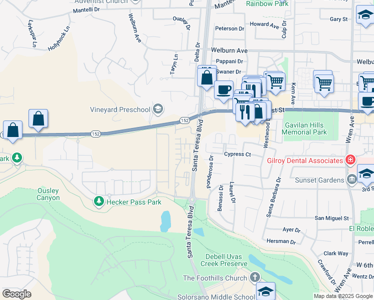 map of restaurants, bars, coffee shops, grocery stores, and more near 1544 Rosette Way in Gilroy