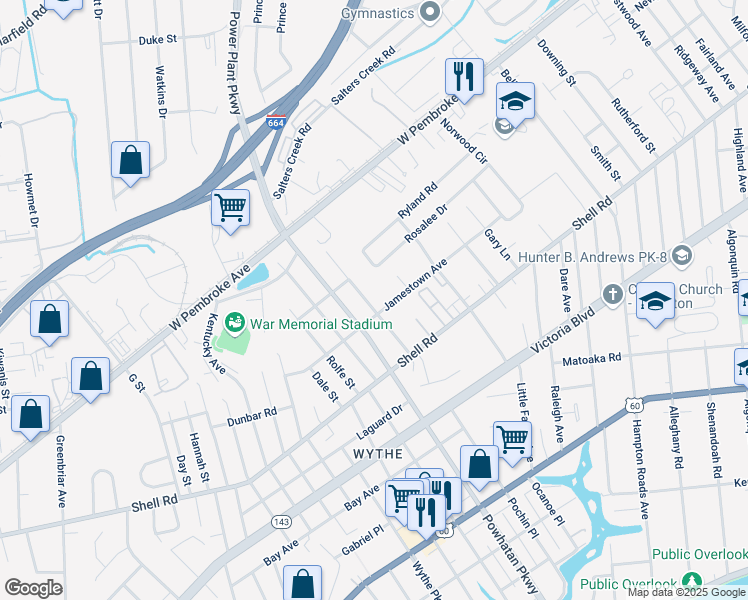 map of restaurants, bars, coffee shops, grocery stores, and more near 712 Teach Street in Hampton