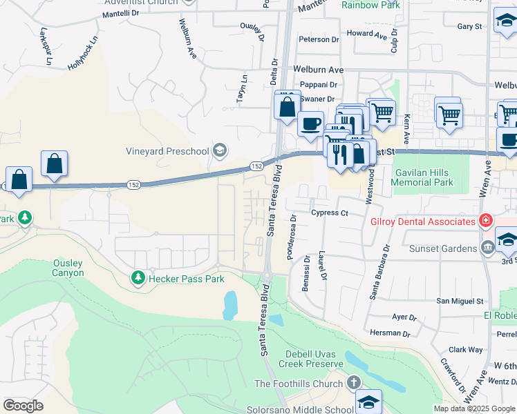 map of restaurants, bars, coffee shops, grocery stores, and more near 1544 Rosette Way in Gilroy