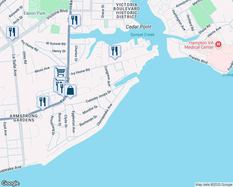 map of restaurants, bars, coffee shops, grocery stores, and more near 4401 Chesapeake Avenue in Hampton