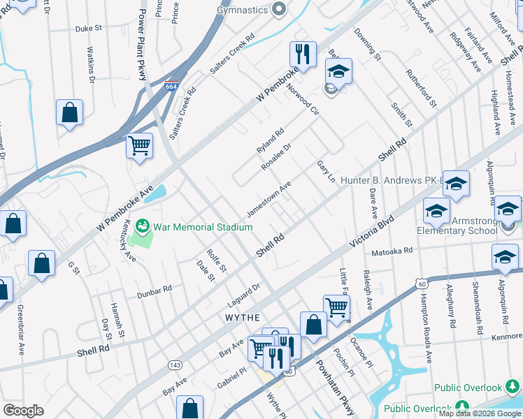 map of restaurants, bars, coffee shops, grocery stores, and more near 701 Bates Street in Hampton