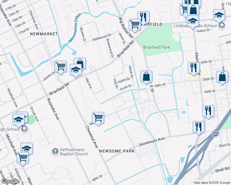 map of restaurants, bars, coffee shops, grocery stores, and more near 27 Scott Drive in Hampton