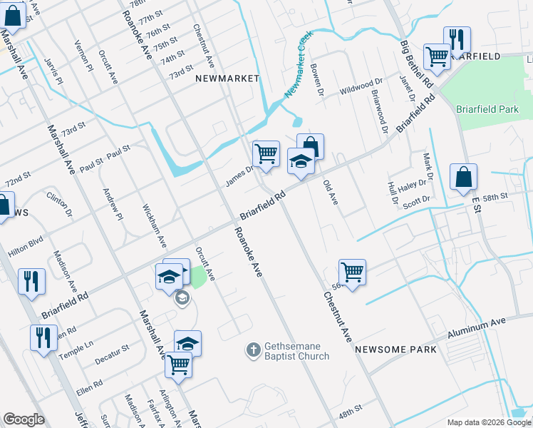 map of restaurants, bars, coffee shops, grocery stores, and more near 1012 Briarfield Road in Newport News