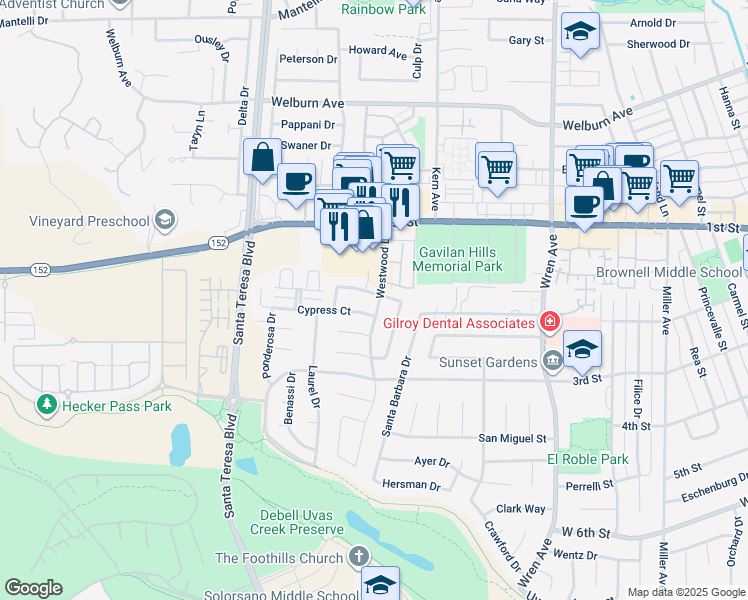 map of restaurants, bars, coffee shops, grocery stores, and more near 1220 Juniper Drive in Gilroy