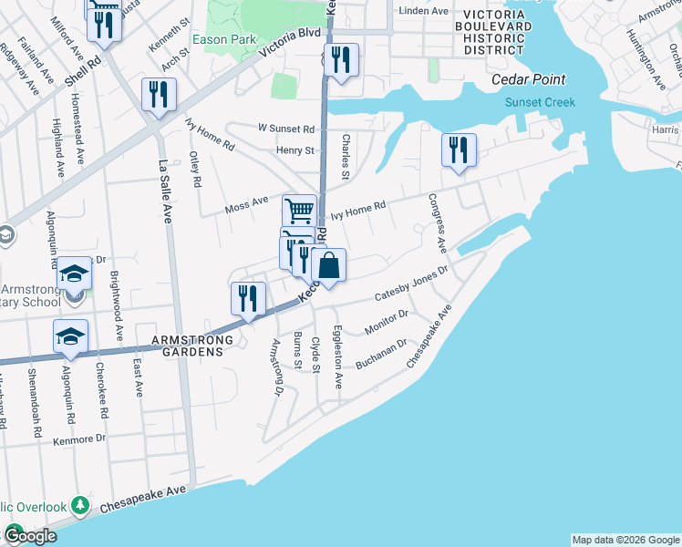 map of restaurants, bars, coffee shops, grocery stores, and more near 26 Regal Way in Hampton