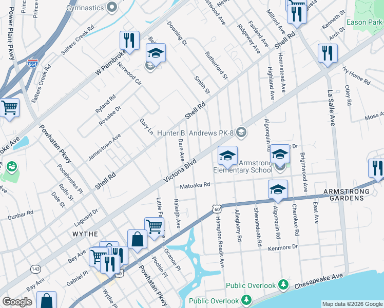 map of restaurants, bars, coffee shops, grocery stores, and more near in Hampton