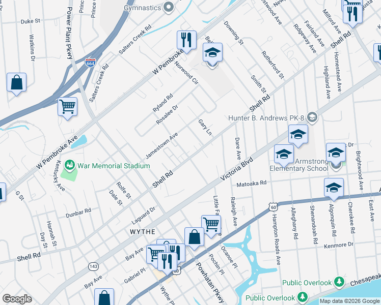 map of restaurants, bars, coffee shops, grocery stores, and more near 620 Celey Street in Hampton