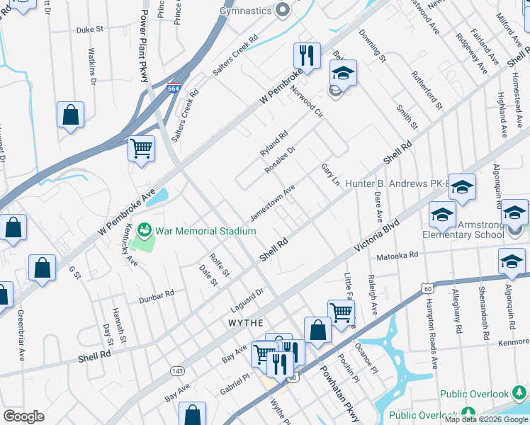 map of restaurants, bars, coffee shops, grocery stores, and more near 701 Bates Street in Hampton