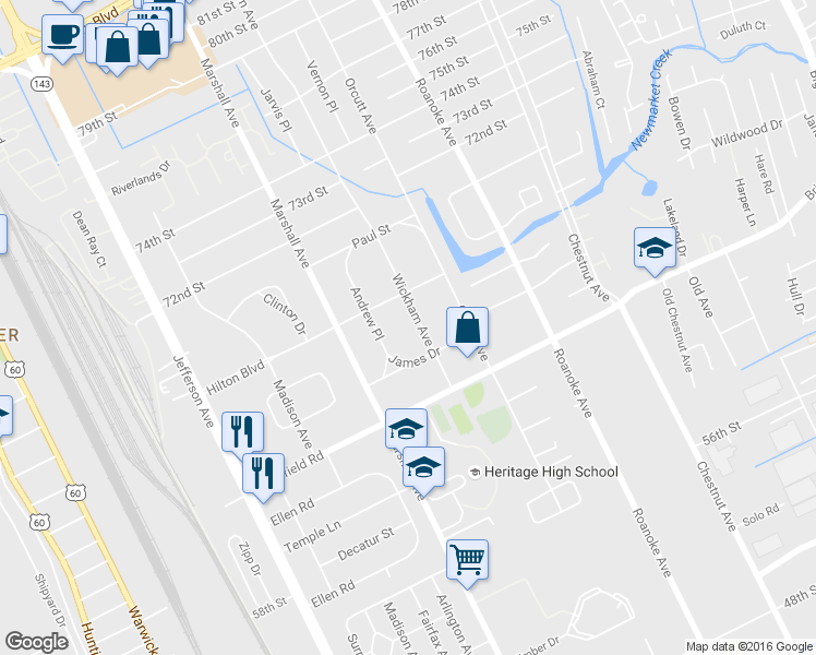 map of restaurants, bars, coffee shops, grocery stores, and more near 5915 Wickham Avenue in Newport News