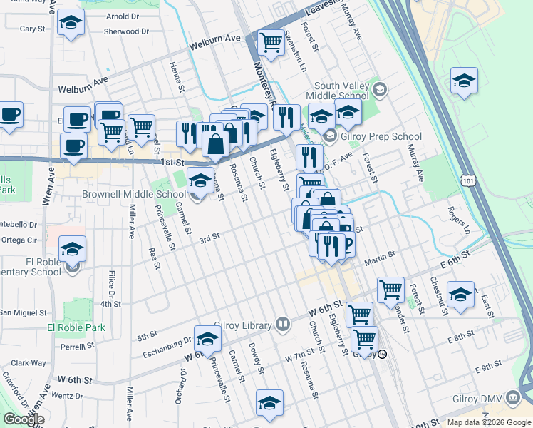 map of restaurants, bars, coffee shops, grocery stores, and more near 7701 Church Street in Gilroy