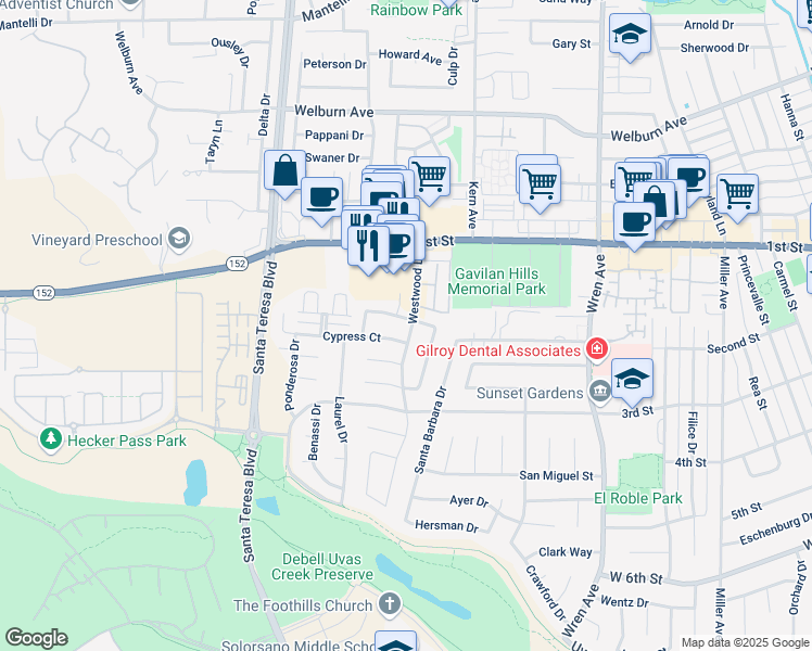 map of restaurants, bars, coffee shops, grocery stores, and more near 1220 Juniper Drive in Gilroy