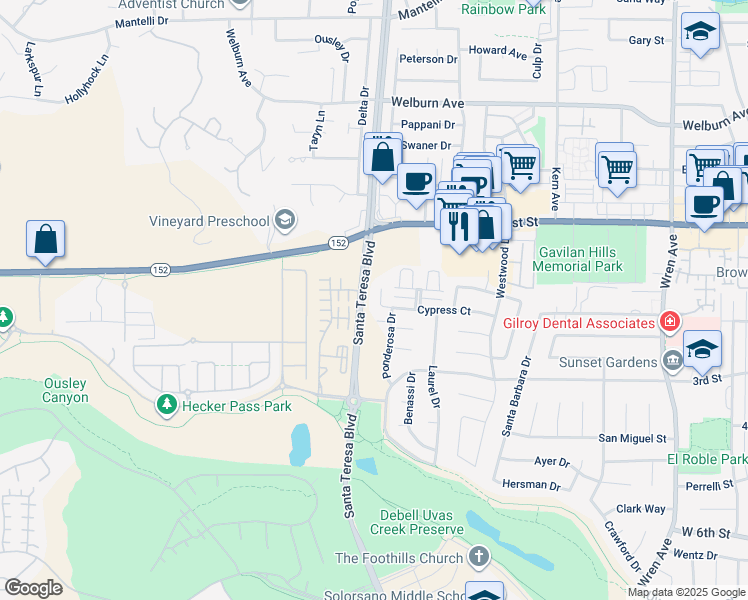 map of restaurants, bars, coffee shops, grocery stores, and more near 1450 Cypress Court in Gilroy