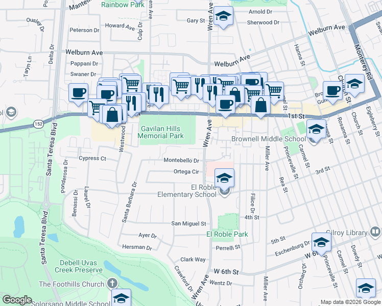 map of restaurants, bars, coffee shops, grocery stores, and more near 985 Montebello Drive in Gilroy