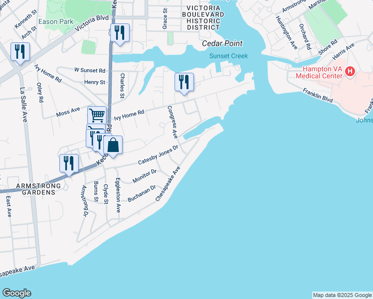 map of restaurants, bars, coffee shops, grocery stores, and more near 4401 Chesapeake Avenue in Hampton