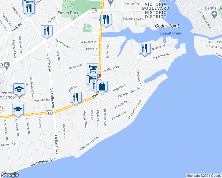 map of restaurants, bars, coffee shops, grocery stores, and more near 26 Regal Way in Hampton
