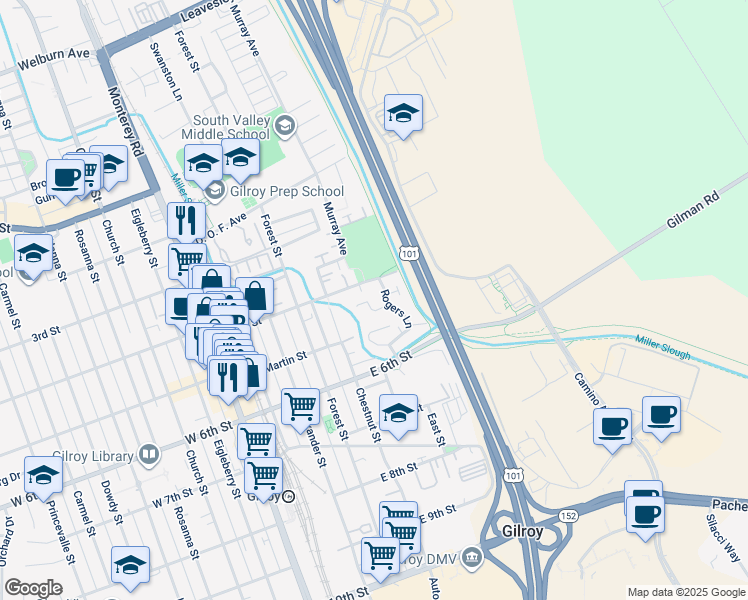 map of restaurants, bars, coffee shops, grocery stores, and more near 561 Hoover Court in Gilroy