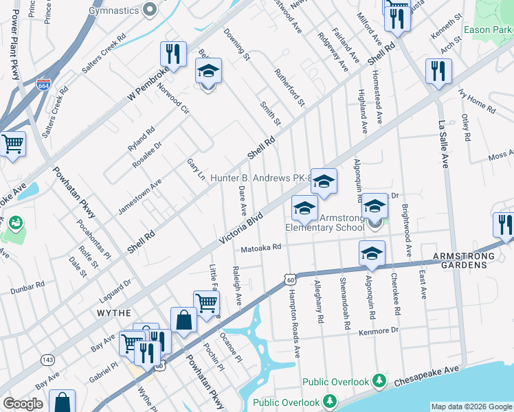 map of restaurants, bars, coffee shops, grocery stores, and more near in Hampton