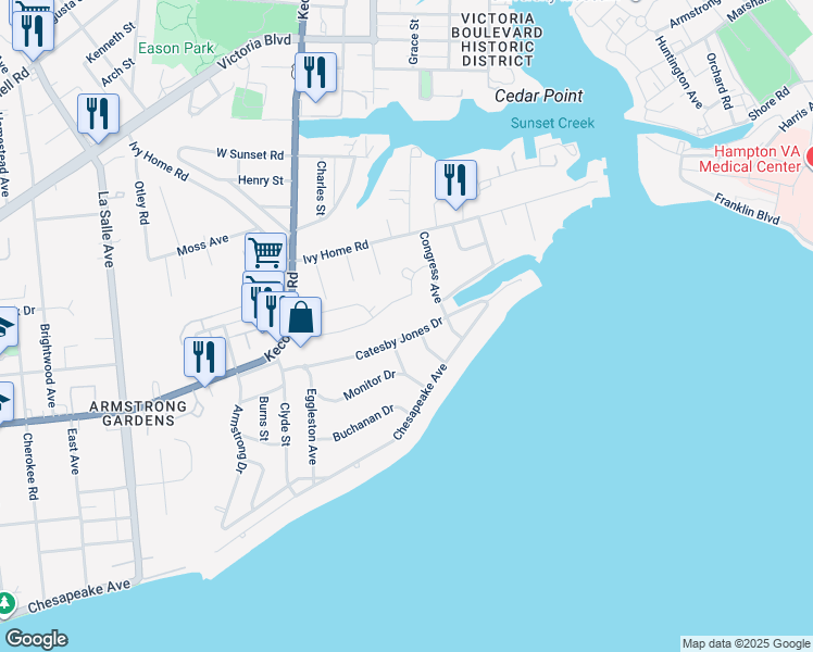 map of restaurants, bars, coffee shops, grocery stores, and more near 4033 Catesby Jones Dr in Hampton