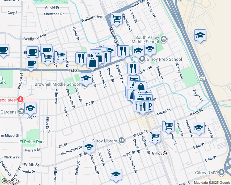 map of restaurants, bars, coffee shops, grocery stores, and more near 7701 Church Street in Gilroy