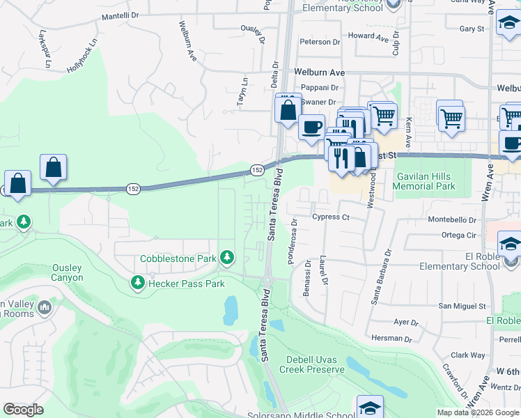map of restaurants, bars, coffee shops, grocery stores, and more near 1540 Rosette Way in Gilroy