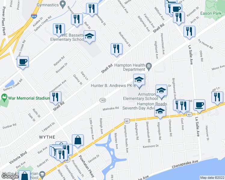 map of restaurants, bars, coffee shops, grocery stores, and more near 401 Glendale Road in Hampton