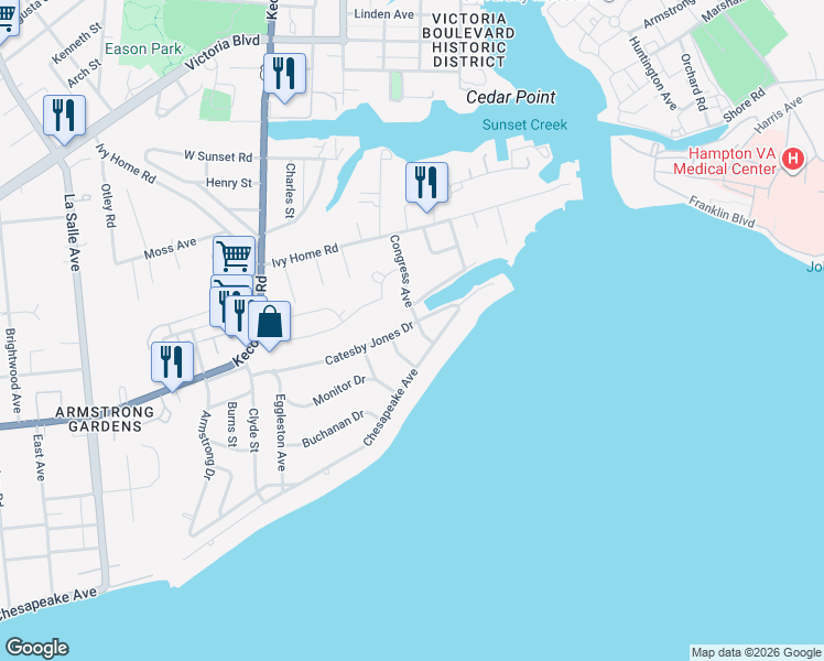 map of restaurants, bars, coffee shops, grocery stores, and more near 103 Congress Avenue in Hampton