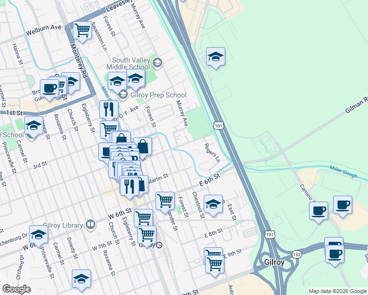 map of restaurants, bars, coffee shops, grocery stores, and more near 410 Lewis St in Gilroy