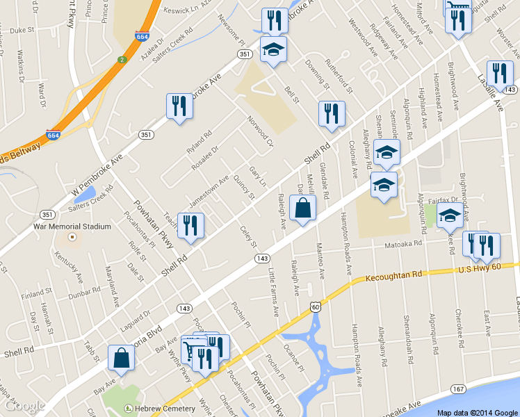 map of restaurants, bars, coffee shops, grocery stores, and more near 508 Middleboro Terrace in Hampton