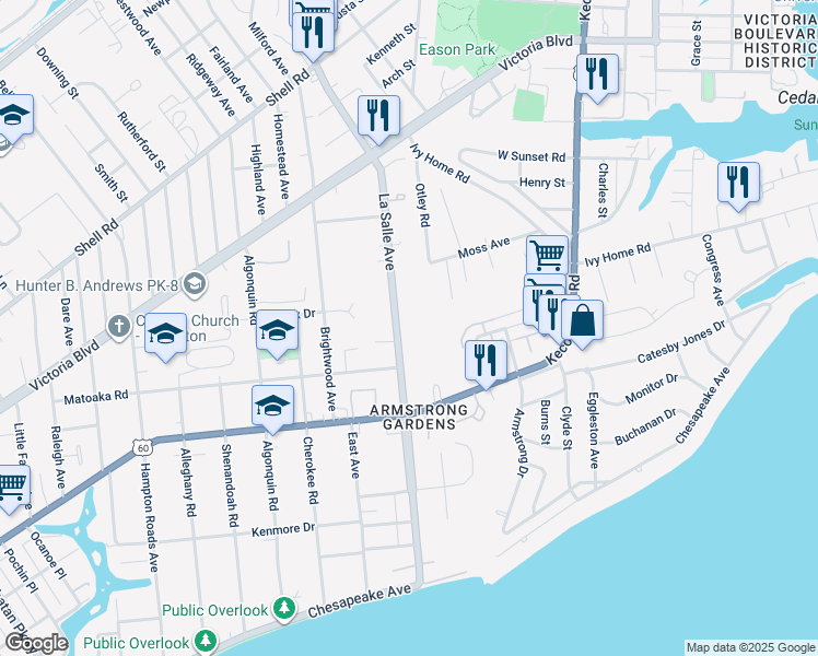 map of restaurants, bars, coffee shops, grocery stores, and more near 272 LaSalle Avenue in Hampton