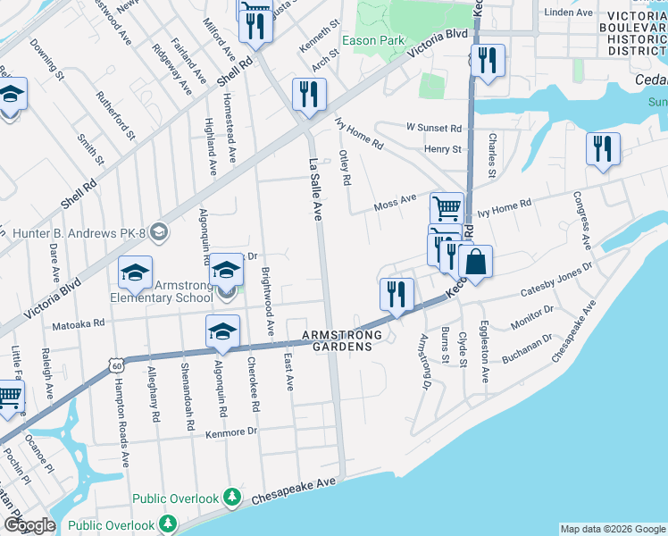 map of restaurants, bars, coffee shops, grocery stores, and more near 276 LaSalle Avenue in Hampton