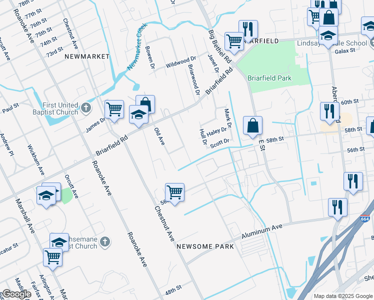 map of restaurants, bars, coffee shops, grocery stores, and more near 5910 Potomac Avenue in Newport News
