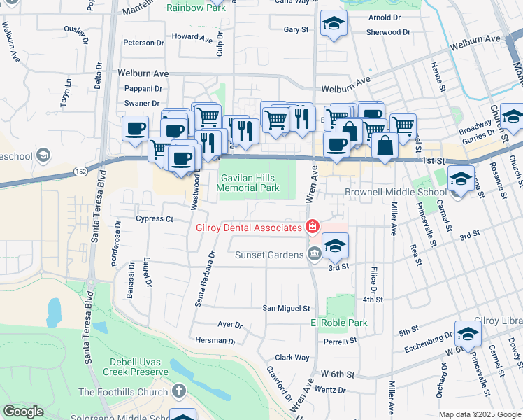map of restaurants, bars, coffee shops, grocery stores, and more near 1055 Montebello Drive in Gilroy