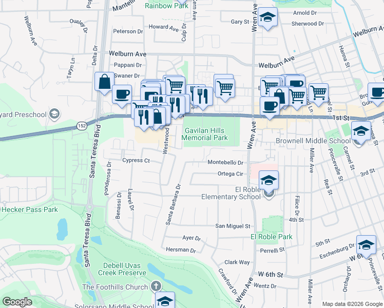 map of restaurants, bars, coffee shops, grocery stores, and more near 1129 Montebello Drive in Gilroy