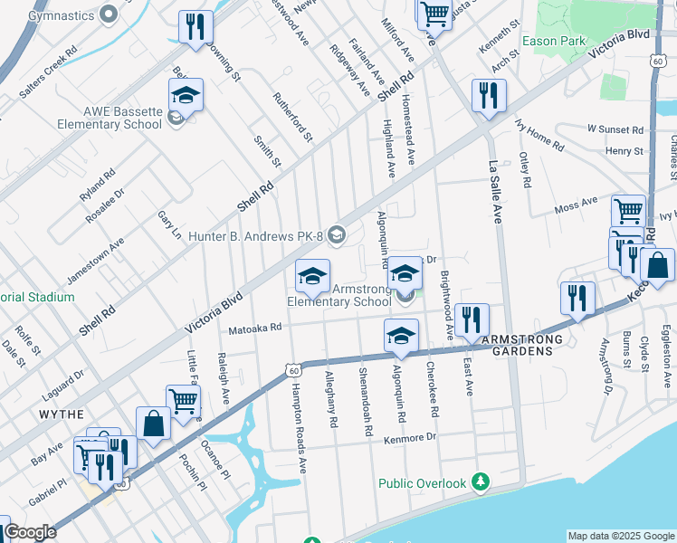 map of restaurants, bars, coffee shops, grocery stores, and more near 3120 Victoria Boulevard in Hampton
