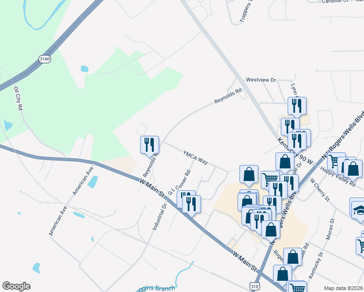 map of restaurants, bars, coffee shops, grocery stores, and more near 301-391 YMCA Way in Glasgow