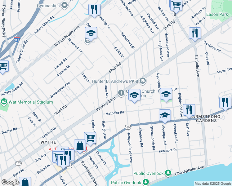 map of restaurants, bars, coffee shops, grocery stores, and more near 401 Glendale Road in Hampton