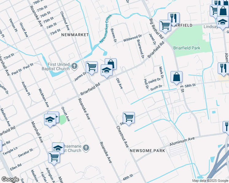 map of restaurants, bars, coffee shops, grocery stores, and more near 6008 Old Chestnut Avenue in Newport News