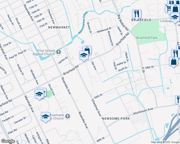 map of restaurants, bars, coffee shops, grocery stores, and more near 6008 Old Chestnut Avenue in Newport News