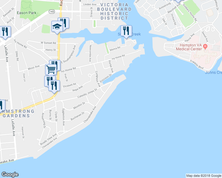 map of restaurants, bars, coffee shops, grocery stores, and more near 4404 Chesapeake Avenue in Hampton