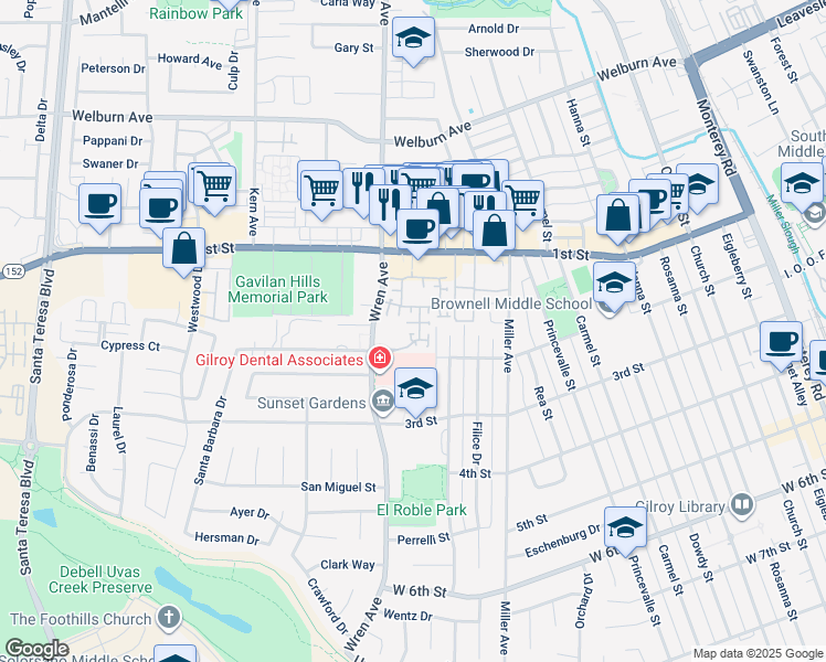 map of restaurants, bars, coffee shops, grocery stores, and more near 7835 Dickens Way in Gilroy