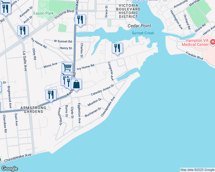map of restaurants, bars, coffee shops, grocery stores, and more near 4037 Catesby Jones Drive in Hampton