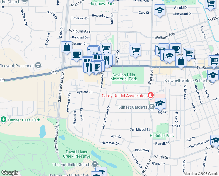 map of restaurants, bars, coffee shops, grocery stores, and more near 1151 Driftwood Terrace in Gilroy