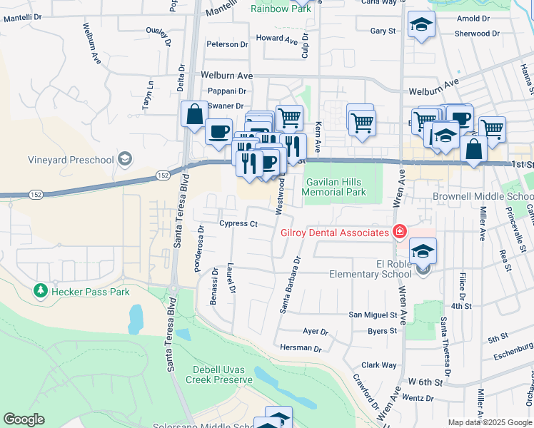 map of restaurants, bars, coffee shops, grocery stores, and more near 1230 Juniper Drive in Gilroy