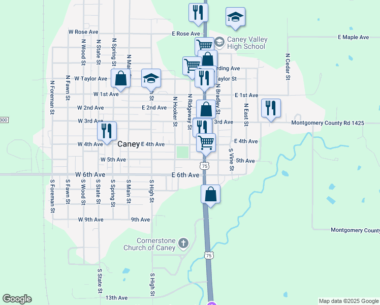 map of restaurants, bars, coffee shops, grocery stores, and more near 150 Ridgeway Street in Caney