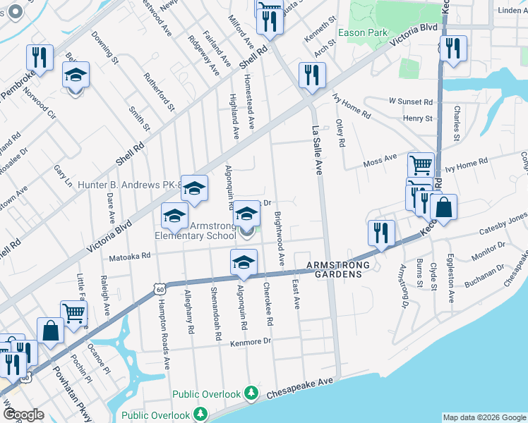 map of restaurants, bars, coffee shops, grocery stores, and more near 320 Cherokee Road in Hampton