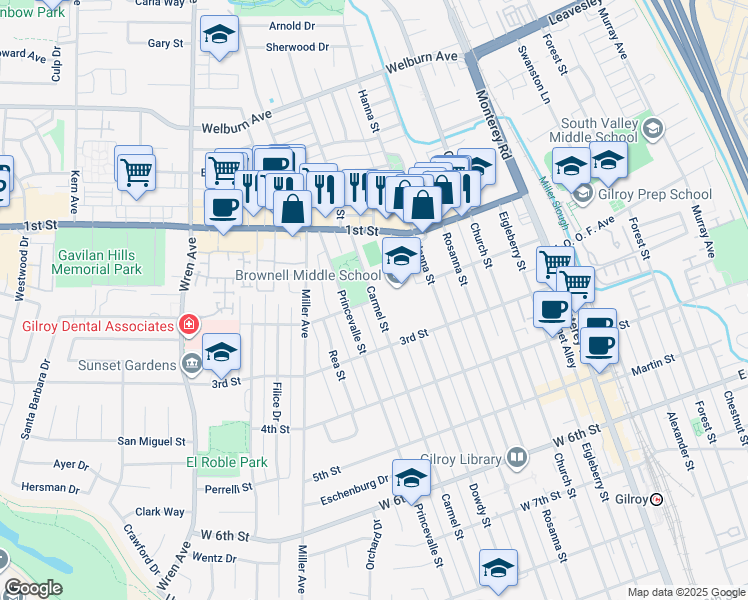 map of restaurants, bars, coffee shops, grocery stores, and more near 601 Second Street in Gilroy