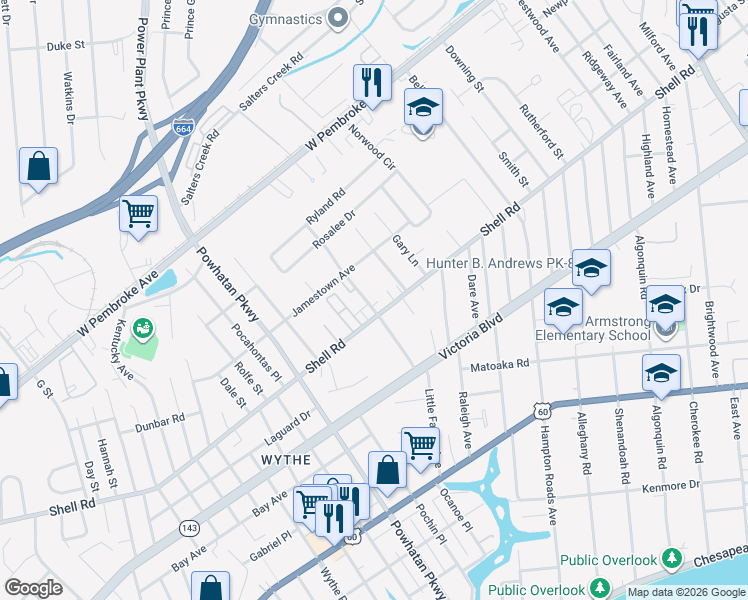 map of restaurants, bars, coffee shops, grocery stores, and more near 620 Celey Street in Hampton