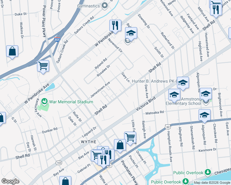 map of restaurants, bars, coffee shops, grocery stores, and more near 620 Celey Street in Hampton