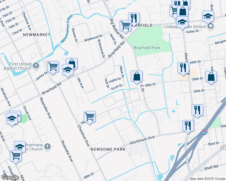 map of restaurants, bars, coffee shops, grocery stores, and more near 19 Scott Drive in Hampton