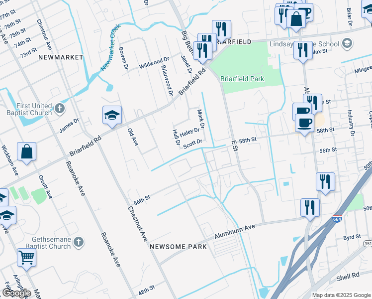map of restaurants, bars, coffee shops, grocery stores, and more near 19 Scott Drive in Hampton